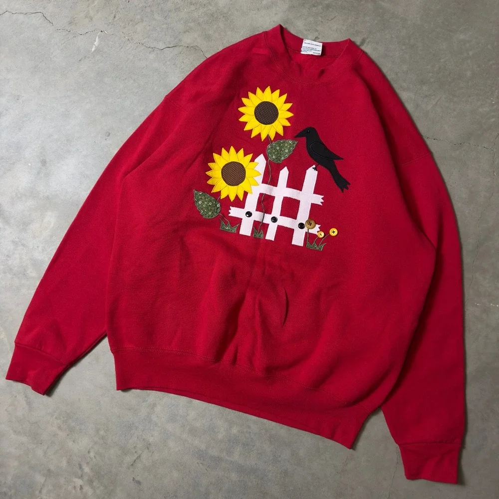 Vintage Pro Spirit Sunflower Crow Sweatshirt Mens XLT Red Cottagecore 90s USA